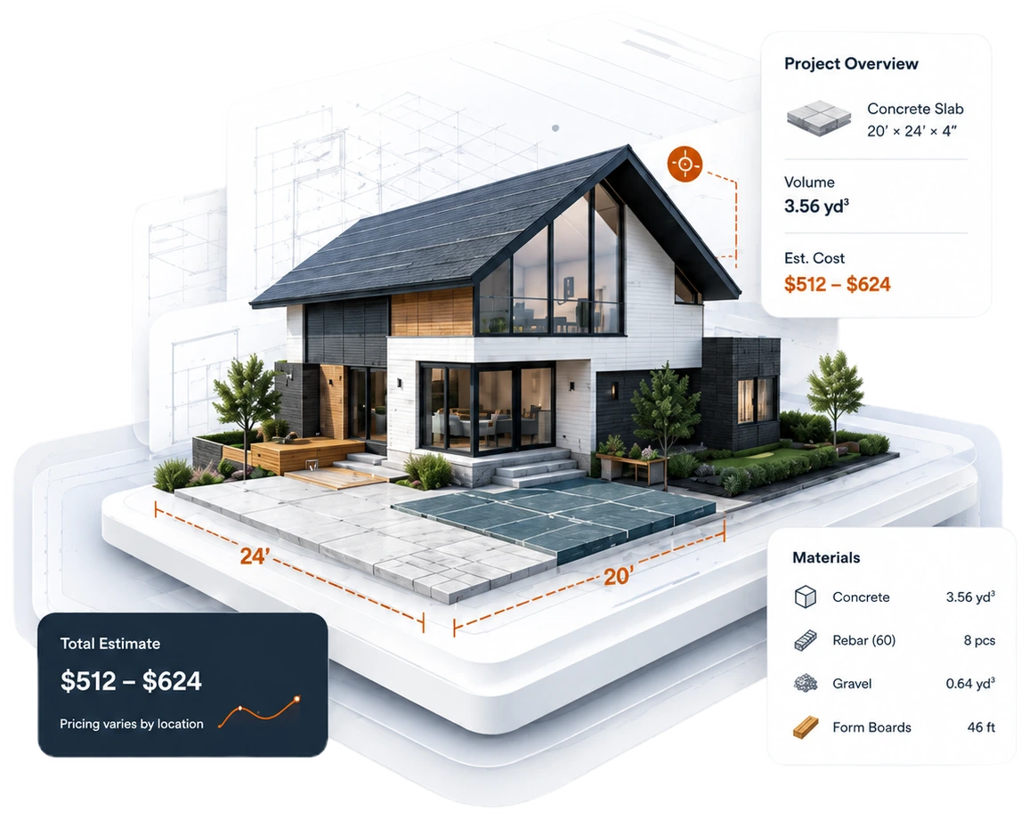 CalcBooth project overview: a house with a 20×24 ft concrete slab, materials list and a $512–$624 cost estimate.